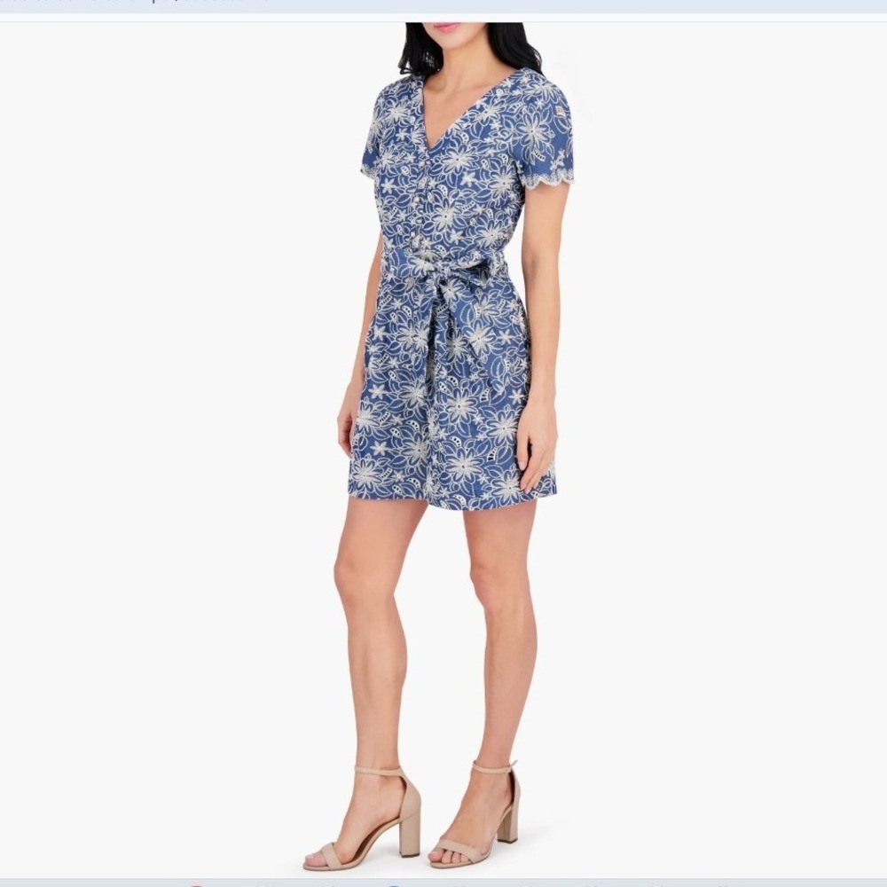 Kenzie Blue White Embroidered Romper Tie Waist Floral Nordstrom Size 16 NWT